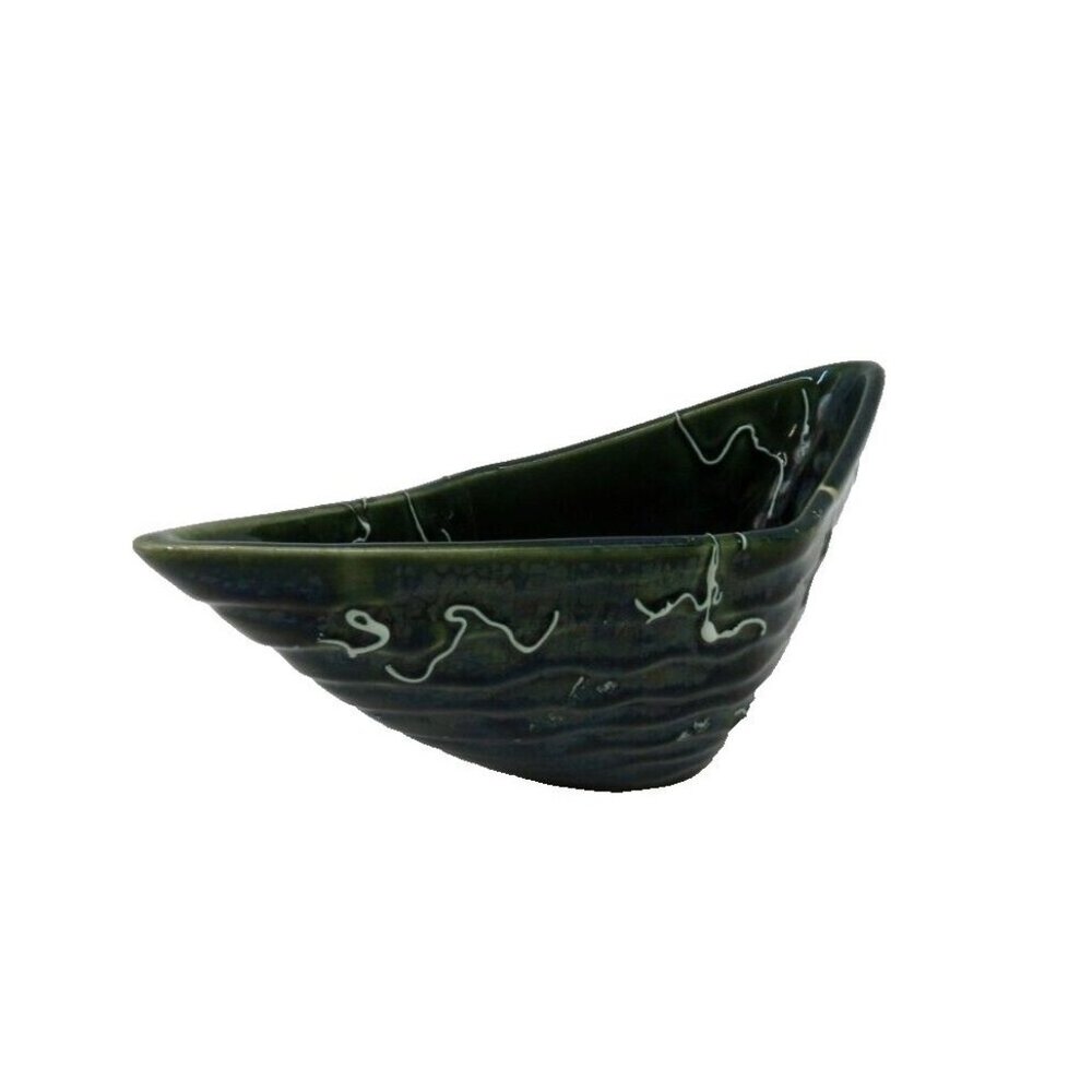 BEAUCEWARE CANADA 1060 Green and White Ceramic Boomerang Dish Bowl 9" Vintage